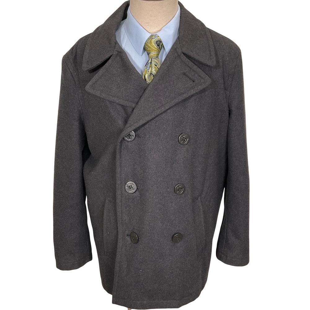 Tommy Hilfiger Peacoat Mens Large Charcoal Double Breasted Nautical Jacket Wool